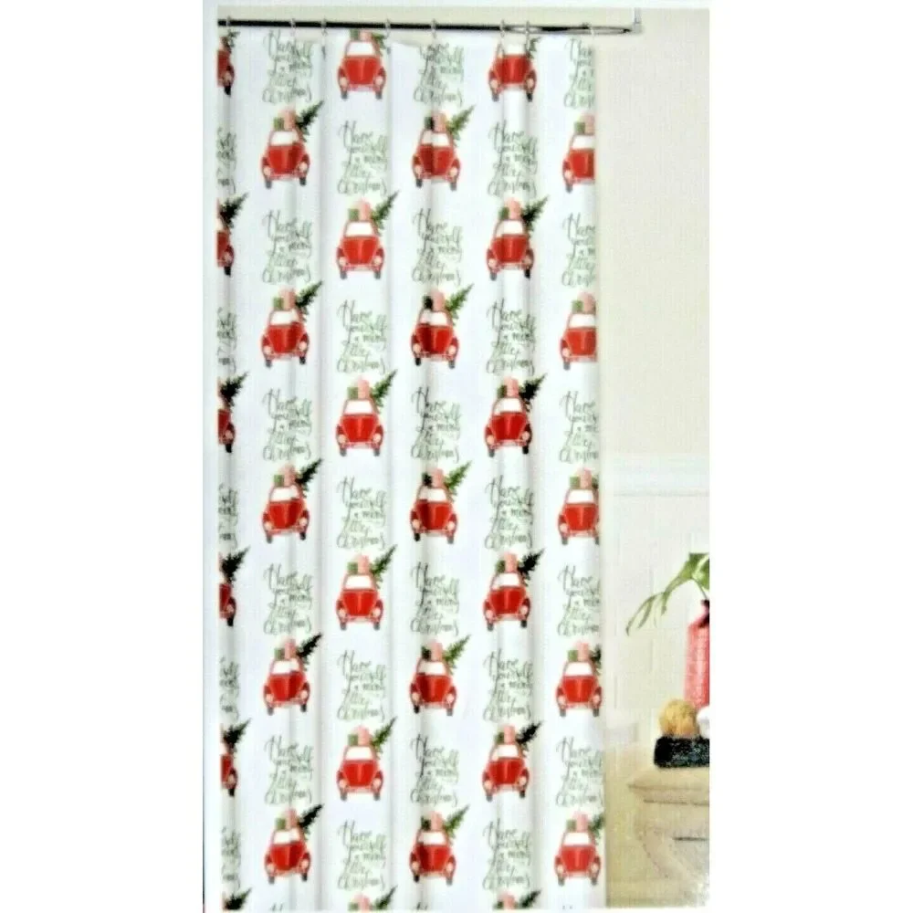 Volkswagen Beetle Car Shower Curtain Christmas Tree Fabric Red Green White Bath